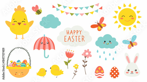 Colorful Easter celebration elements with cute characters