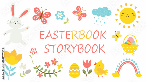 Vibrant Easter storybook illustrations with bunny and chicks