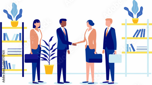 Business professionals shaking hands in modern office setting