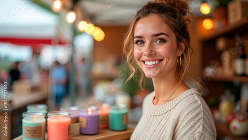 Smiling vendor selling handmade candles: Young woman smiling at candle market stall with colorful candles  