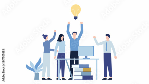 Team celebrating business idea with lightbulb moment at office desk