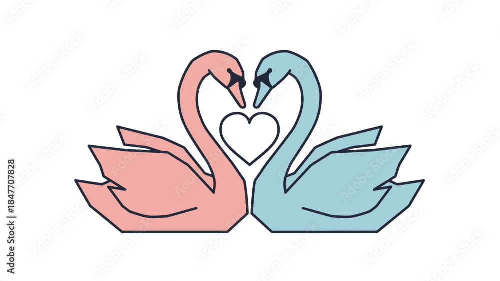 Fototapeta premium Minimalist Illustration of Two Swans Facing Each Other Creating a Heart Shape with Their Beaks