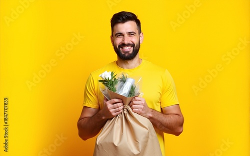 Man in t-shirt volunteer hold trash bag isolated on yellow background. Voluntary free assistance help charity grace. Environmental pollution problem. Stop nature garbage environment protection concept