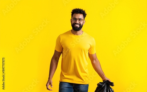 Man in t-shirt volunteer hold trash bag isolated on yellow background. Voluntary free assistance help charity grace. Environmental pollution problem. Stop nature garbage environment protection concept