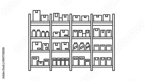 Minimalist line art depiction of organized storage shelves filled with various boxes and containers