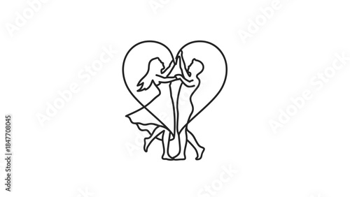 Minimalist line art depiction of two lovers intertwined within a heart shape symbolizing romance