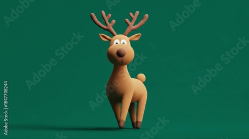 Smiling cartoon reindeer on simple green stage now