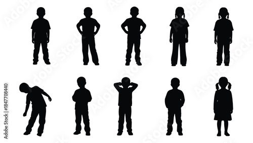 Collection of ten black silhouette icons of children in poses