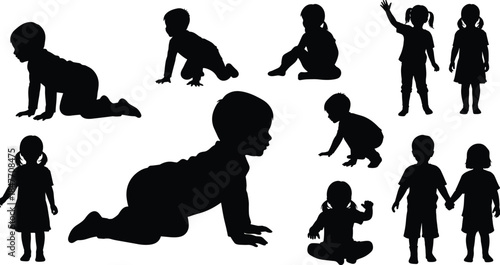 Black silhouette set of babies and toddlers crawling sitting and standing for childhood development and parenting flat vector illustration projects (20 words)