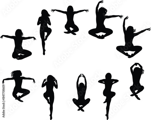 Black silhouette set of female dancer and yoga poses in flat vector illustration style for creative fitness and choreography design projects (22 words)