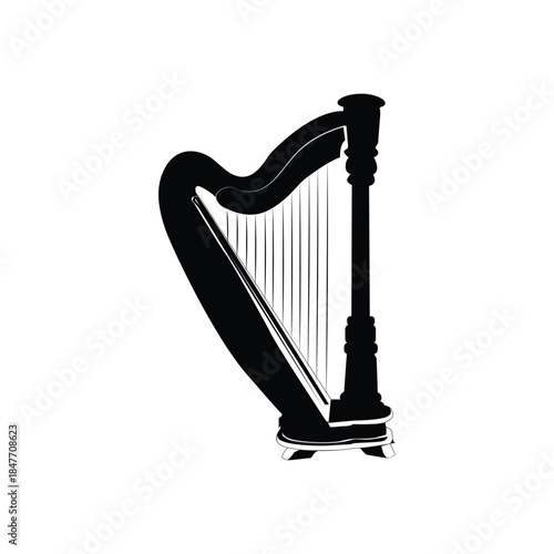 Harp musical instrument black silhouette illustration on white background