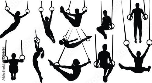 Black silhouette set of gymnasts performing on rings for athletic competition and calisthenics training in flat vector illustration design style