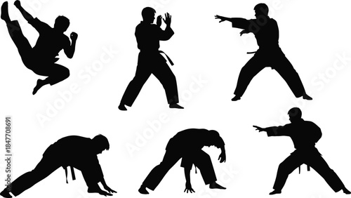 Black silhouette set of martial arts fighters in karate and judo poses for combat sports training and fitness graphic design projects (20 words)