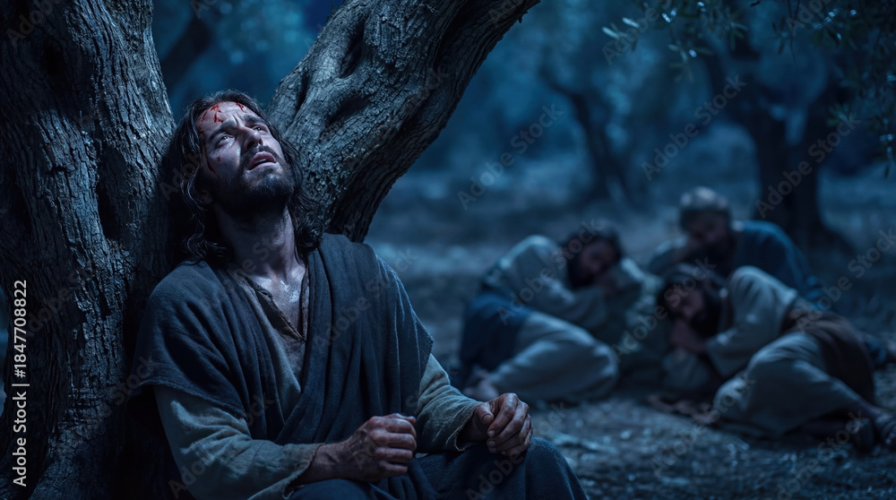 Fototapeta premium Biblical scene of Jesus praying in the Garden of Gethsemane while disciples sleep in the background. The Messiah looks to heaven in agony with blood and sweat on his face before his arrest.