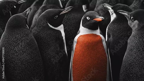 Crowded penguin colony single orange-breasted bird