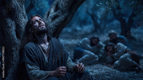 Biblical scene of Jesus praying in the Garden of Gethsemane while disciples sleep in the background. The Messiah looks to heaven in agony with blood and sweat on his face before his arrest.