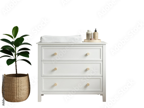 A simple and elegant setup of a white dresser accompanied by a green potted plant, perfect for a minimalist home decor or furniture showcase.transparent background