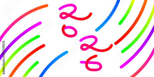 Colorful handwritten 2026 with vibrant arcs symbolizing a festive and energetic new year