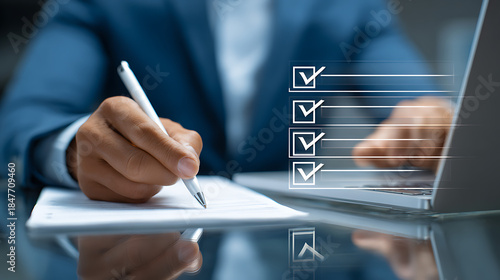 Man in blue suit writing on paper with checklist and laptop image