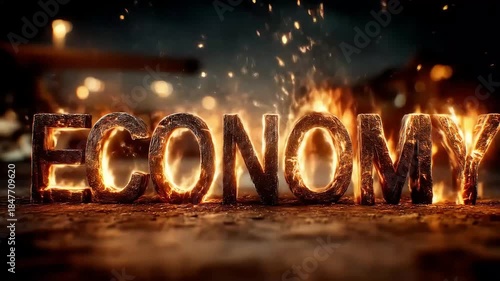 Fiery metallic letters spelling ECONOMY, glowing!!
