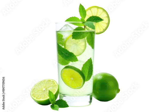 Freshly squeezed lemonade served in a glass with a slice of lime and sprigs of mint.transparent background