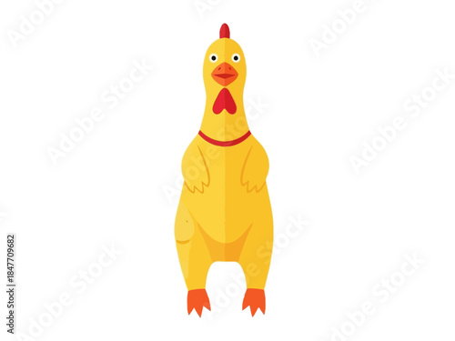 A vibrant illustration of a cartoon chicken standing proudly with a bright red comb and wattle against a clean white background