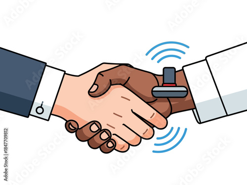 Two individuals shaking hands with a digital device in between, symbolizing a business agreement or partnership