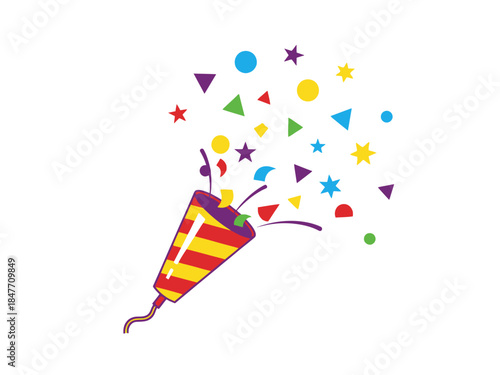 Colorful party blower illustration with confetti and shapes exploding from it, viewed from a straightforward angle.