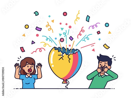 Man and woman reacting surprised as colorful balloon explodes with confetti