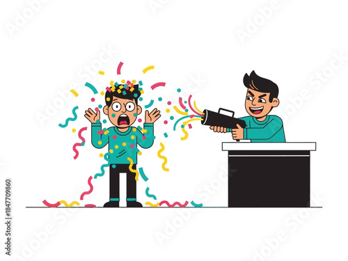 A man standing behind a podium being surprised by colorful confetti and streamers shot from a confetti cannon by another man