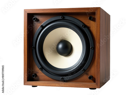 A close-up shot of a speaker inside a wooden box, ideal for music-themed designs or DIY projects.transparent background