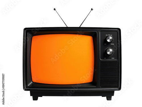 Analog television set with a bright orange display.transparent background