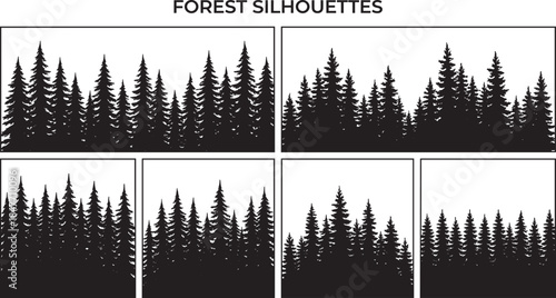 Black Pine Forest Silhouettes Set with Evergreen Tree Horizons and Fir Treelines for Wilderness Nature Backgrounds and Outdoor Adventure Graphic Design