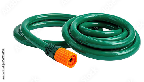 Green garden hose is coiled, ready for use, with an orange nozzle. Solid black background contrasts with the garden supply