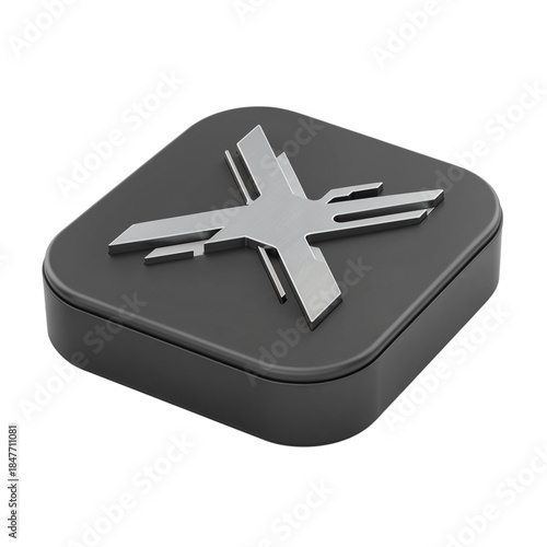 Modern geometric metallic abstract x shape object on dark textured surface transparent background