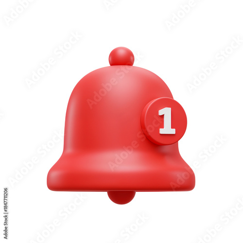 Bright red notification bell with single unread alert symbol prominently displayed transparent background
