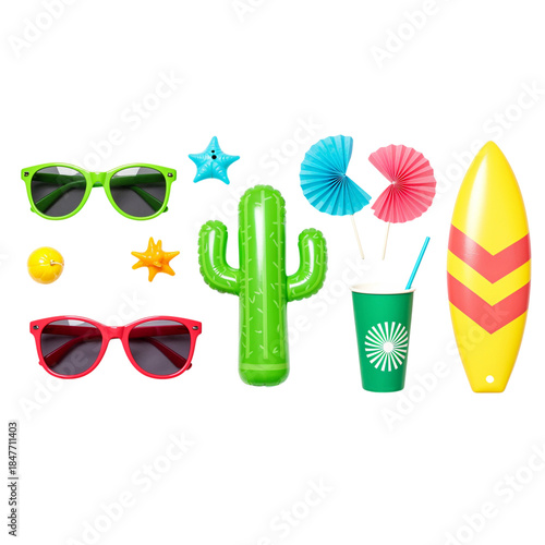 Vibrant beach party props sunglasses cactus drink surfboard starfish and cocktail for summer fun transparent background