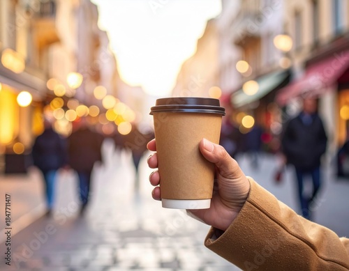 Hand holding a disposable coffee cup on a bustling city street with bokeh lights