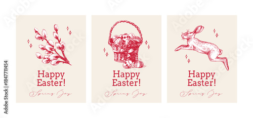 Vintage Easter hand drawn banner set. Spring greeting cards and invitation design. Retro sketch vector illustration. Stickers collage elements