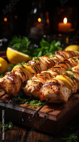 Grilled chicken skewers with lemon slices