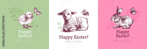 Vintage Easter hand drawn banner set. Spring greeting cards and invitation design. Retro sketch vector illustration. Stickers collage elements