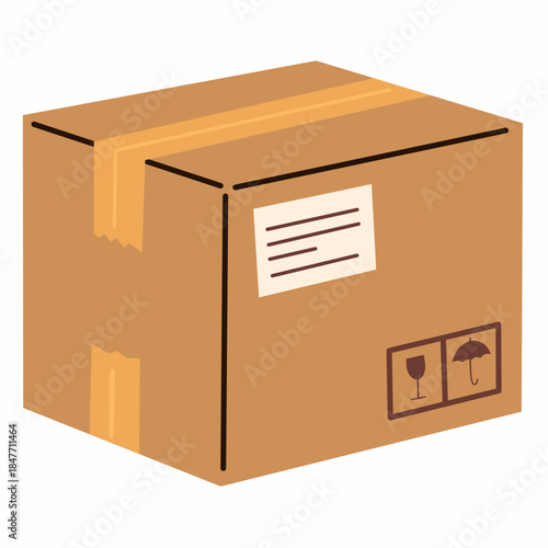 Shipping Box with Symbols in Flat Hand-Drawn Style
