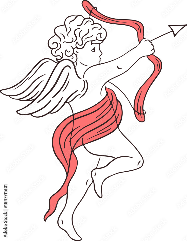 Fototapeta premium Hand drawn cupis with arrow. Whimsical antique angel baby. Vintage cherub greek statues, retro little angel with bow and arrow in doodle line art style for poster, placard or wedding invitation