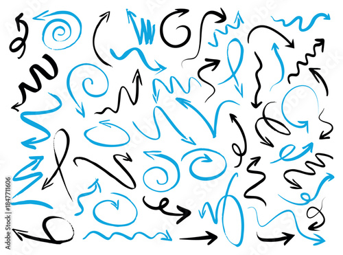 Set of black and blue drawing Arrows for presentation. Set of hand-drawn arrows for online presentations or charts