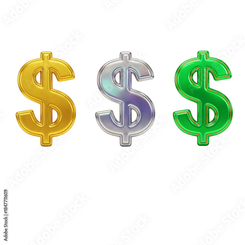 Three shiny metallic dollar signs in gold silver and green representing wealth and financial success transparent background