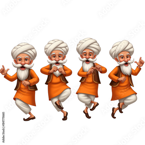 Four dancing middle eastern style cartoon characters in traditional orange attire with turbans and beards transparent background