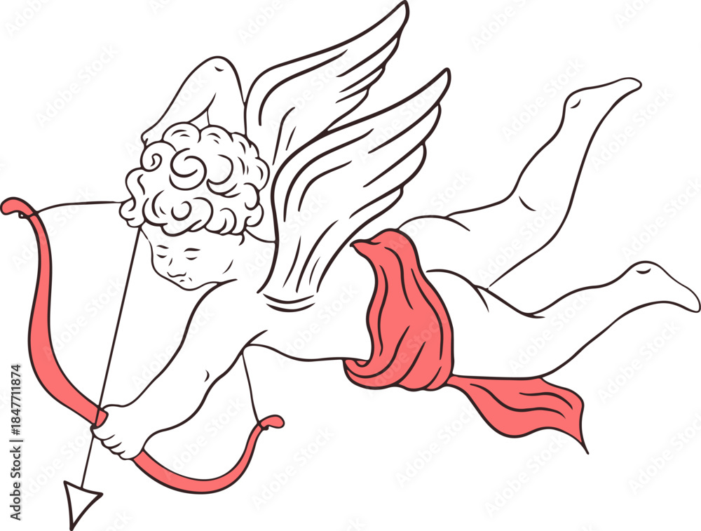 Naklejka premium Hand drawn cupis with arrow. Whimsical antique angel baby. Vintage cherub greek statues, retro little angel with bow and arrow in doodle line art style for poster, placard or wedding invitation