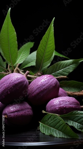 Purple fruits with water droplets macro