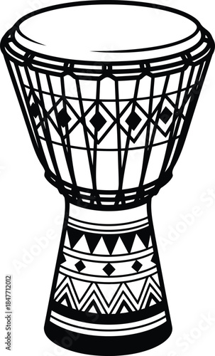 Black and white djembe drum with geometric patterns