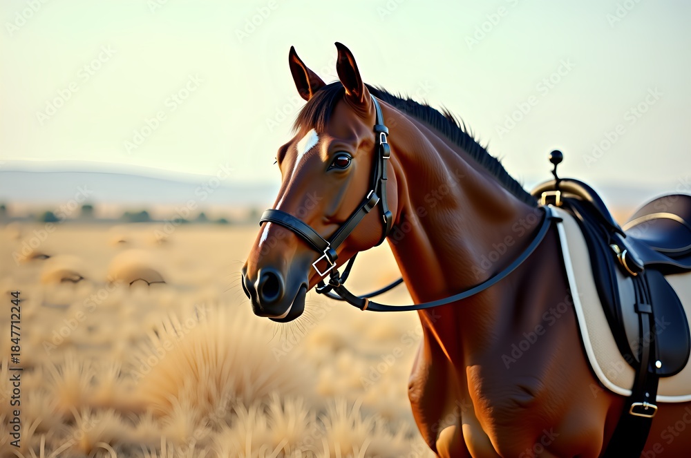 Obraz premium Bay Horse Standing in Golden Field at Sunset
